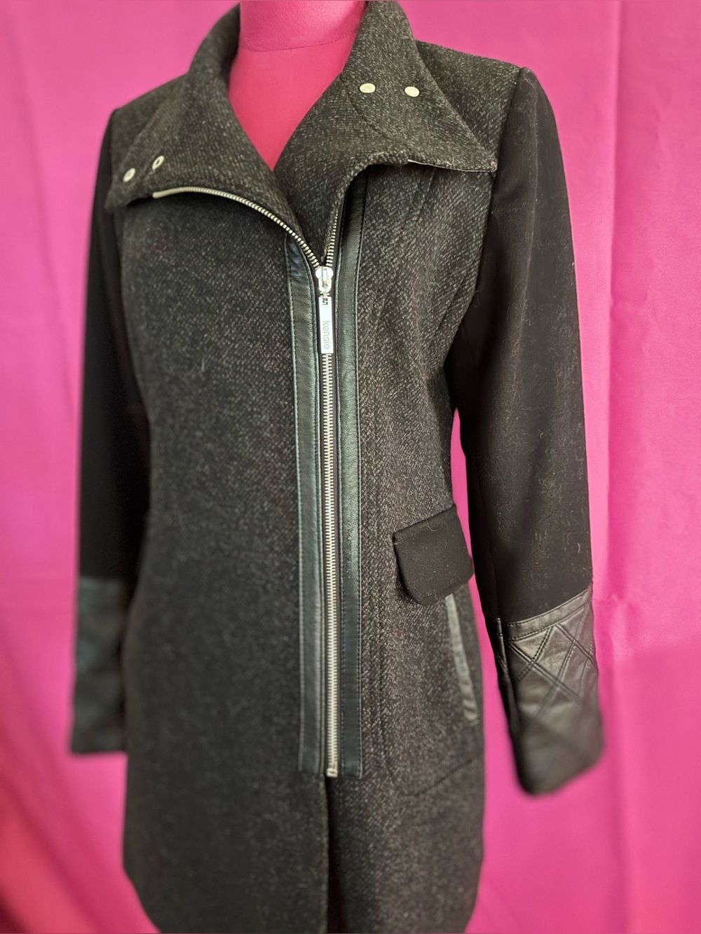 Kensie Black Wool-Blend Trench Coat with Faux Leather Trim